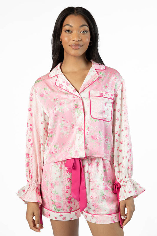 Dont Wake Me Up Pink Multi Floral Long Sleeve Satin Pajama Top SALE