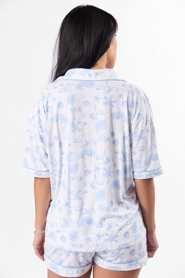 Under the Stars Blue Coastal Toile Short Sleeve Pajama Top SALE