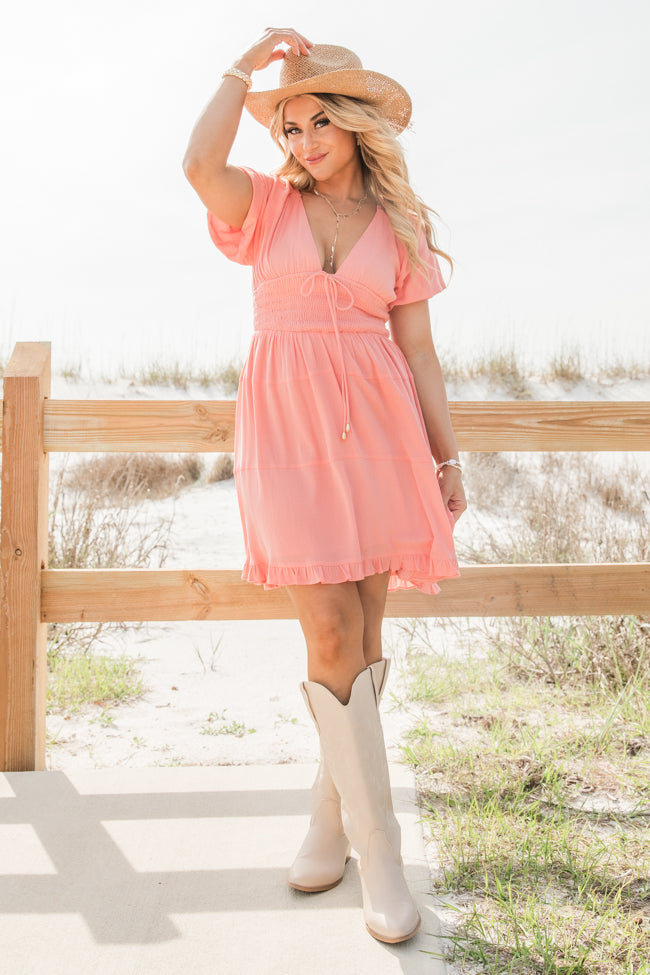Urban Cowgirl Coral V-Neck Smocked Dress FINAL SALE