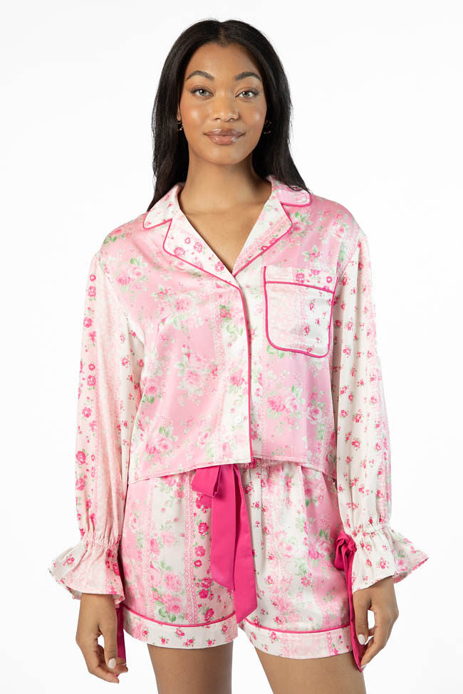 Dont Wake Me Up Pink Multi Floral Long Sleeve Satin Pajama Top SALE