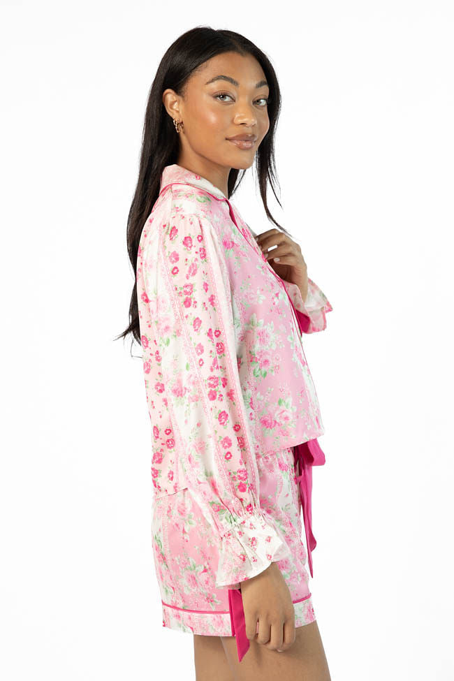 Dont Wake Me Up Pink Multi Floral Long Sleeve Satin Pajama Top SALE