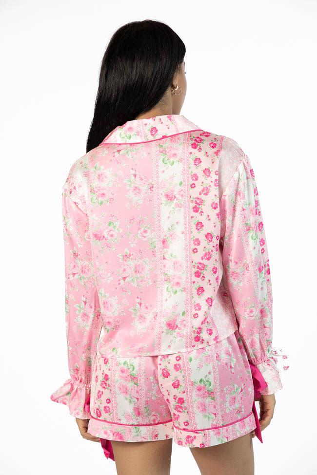 Dont Wake Me Up Pink Multi Floral Long Sleeve Satin Pajama Top SALE