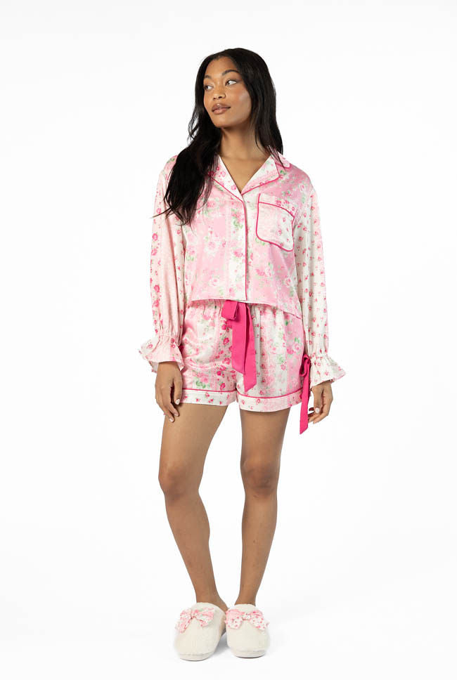 Dont Wake Me Up Pink Multi Floral Satin Pajama Shorts SALE