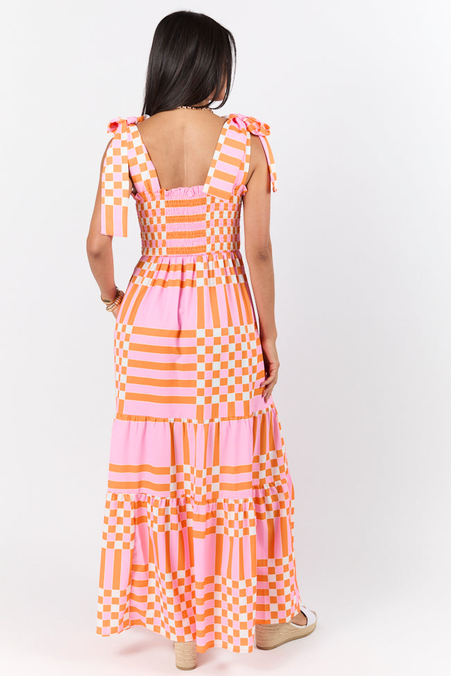 Get The Check Pink and Orange Printed Checkered Maxi Dress SALE