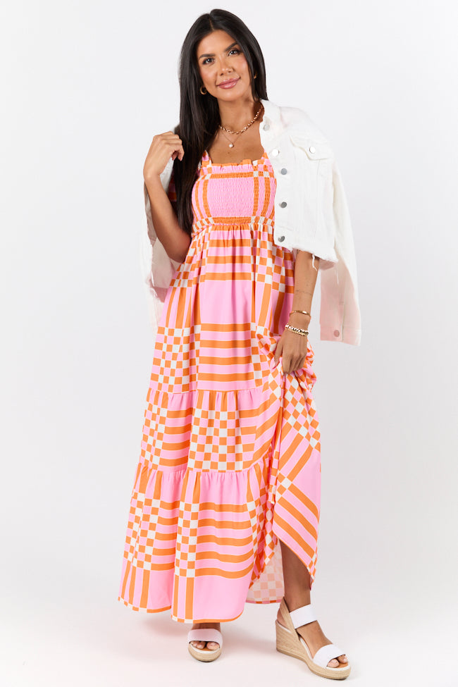 Get The Check Pink and Orange Printed Checkered Maxi Dress SALE