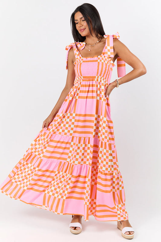 Get The Check Pink and Orange Printed Checkered Maxi Dress SALE