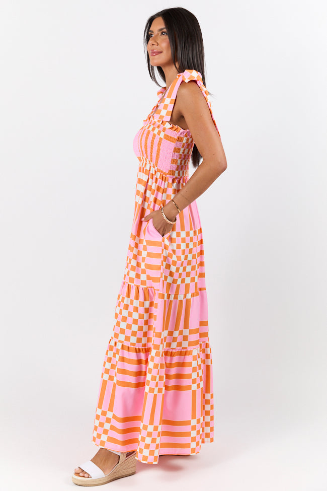 Get The Check Pink and Orange Printed Checkered Maxi Dress SALE