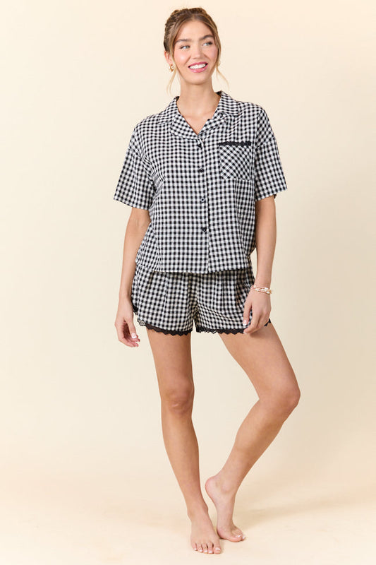 Peaceful Mornings Black Gingham Short Sleeve Pajama Set SALE