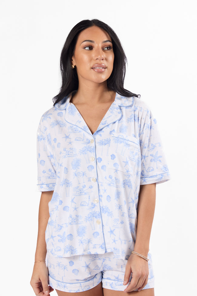 Under the Stars Blue Coastal Toile Short Sleeve Pajama Top SALE