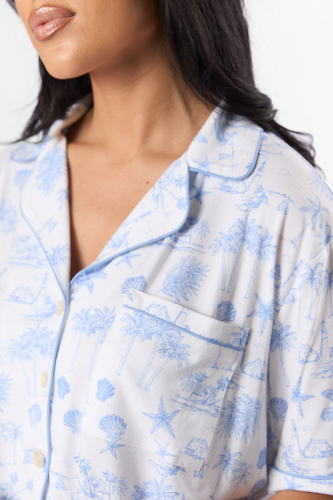 Under the Stars Blue Coastal Toile Short Sleeve Pajama Top SALE