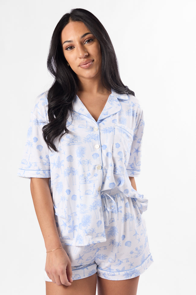 Under the Stars Blue Coastal Toile Short Sleeve Pajama Top SALE